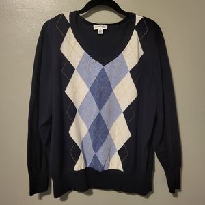 Size 1X St. John's Bay Navy/White/Blue/Yellow Argyle Sweater